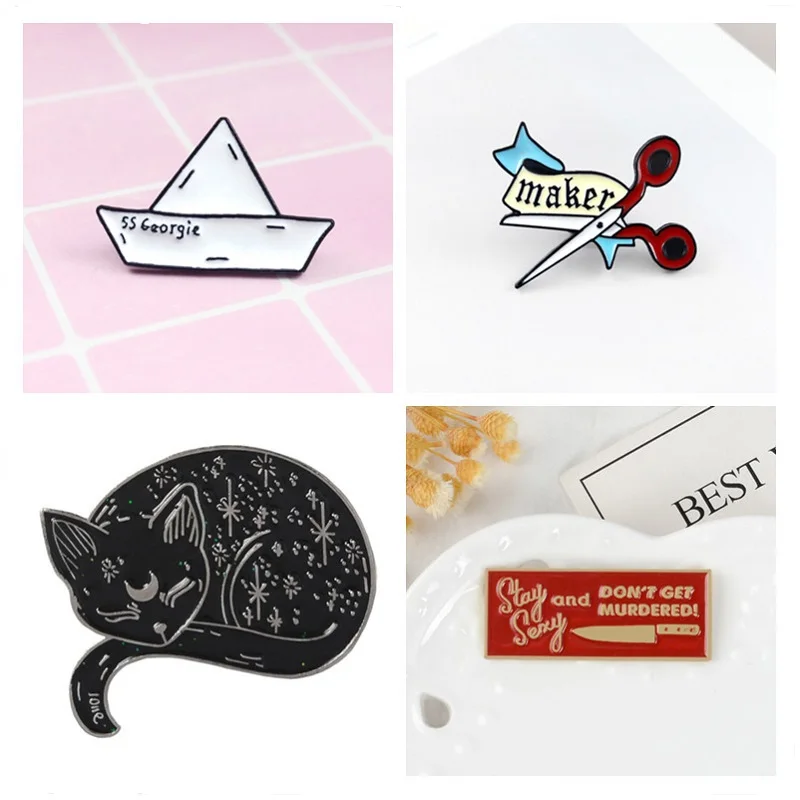 

SS Georgie paper boat DIY Handmade Cartoon scissors Button Cartoon Cat Stay Sexy Red Badge Tag Knife Dagger Gift Jewelry