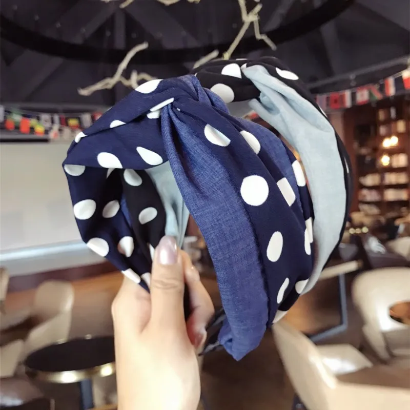 

Simple fabric contrast color splicing wave point knotted cross hook wide side headband ladies accessories