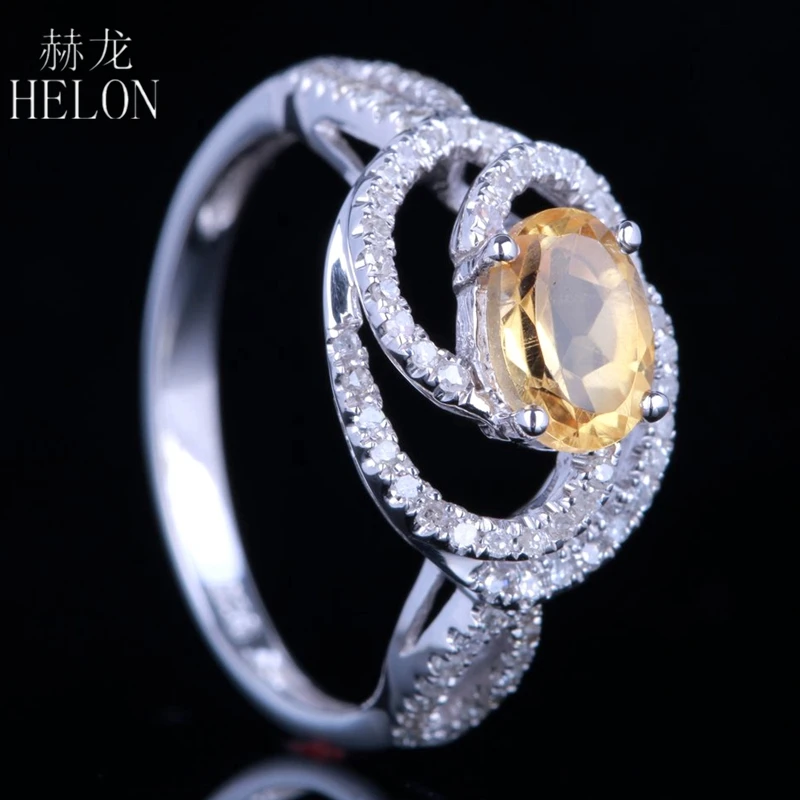 HELON Solid 14 К белого золота овальной огранки 0,95 100% из натуральной цитрин бриллиантами обручальное кольцо для женщин драгоценный камень