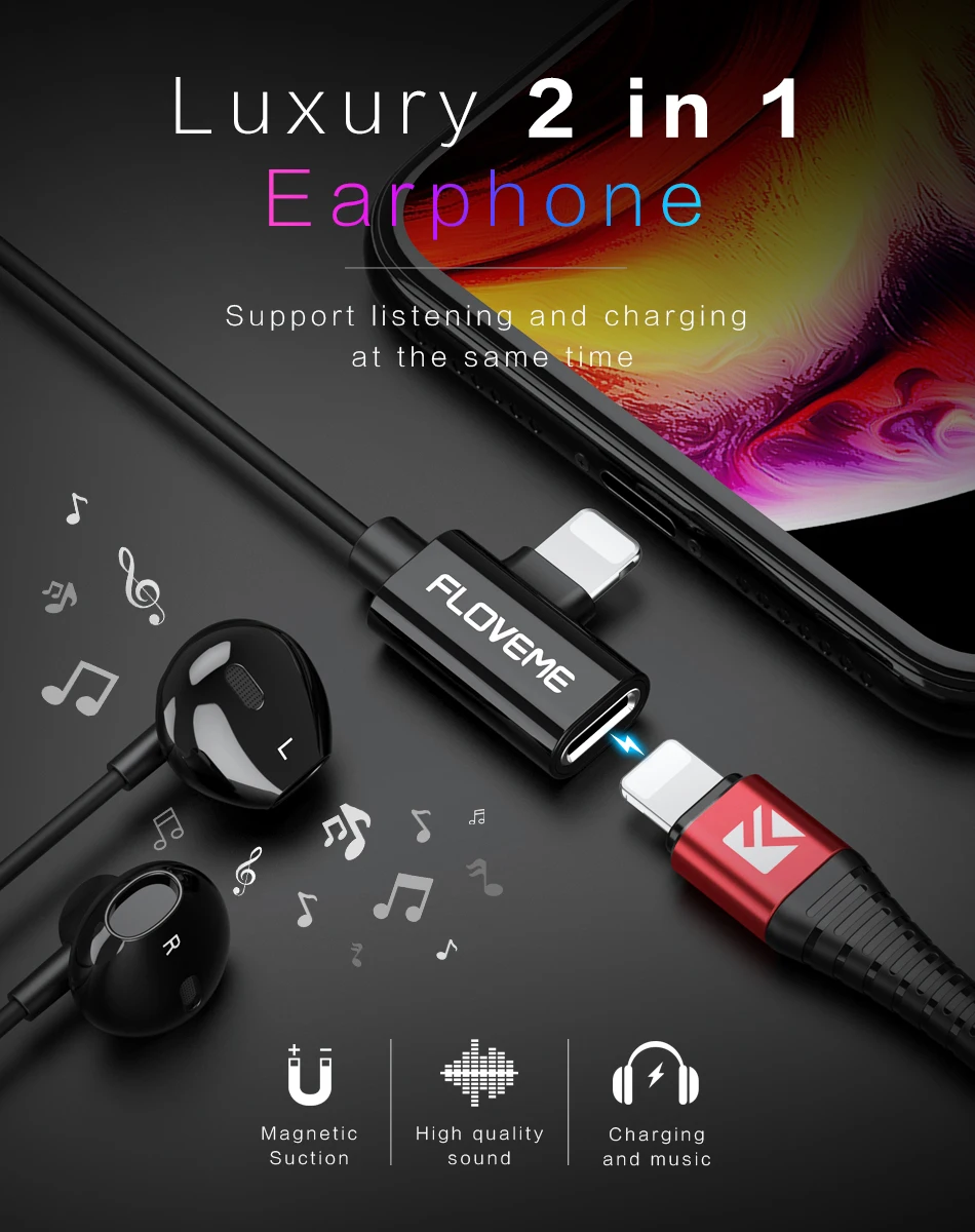 FLOVEME In-Ear Bass Earphone For Lightning Listening Charge 2 in 1 Earphones Magnet Earbuds For iPhone Phone Stereo Auriculares