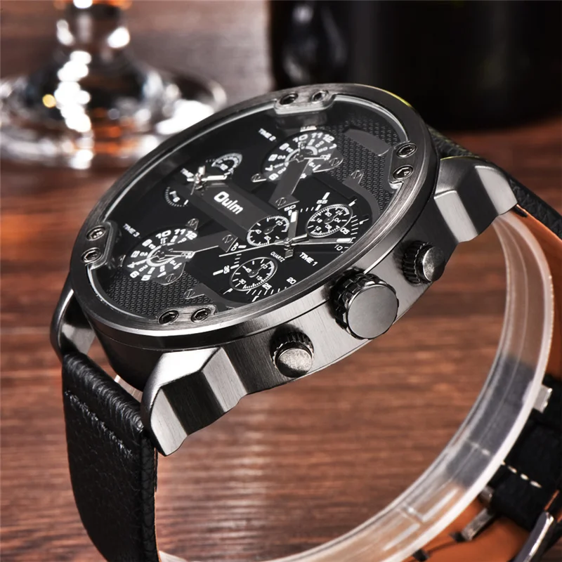 Oulm бренд супер большой циферблат Мужские часы двойной часовой пояс часы повседневные из искусственной кожи люксовый бренд Мужские кварцевые наручные часы