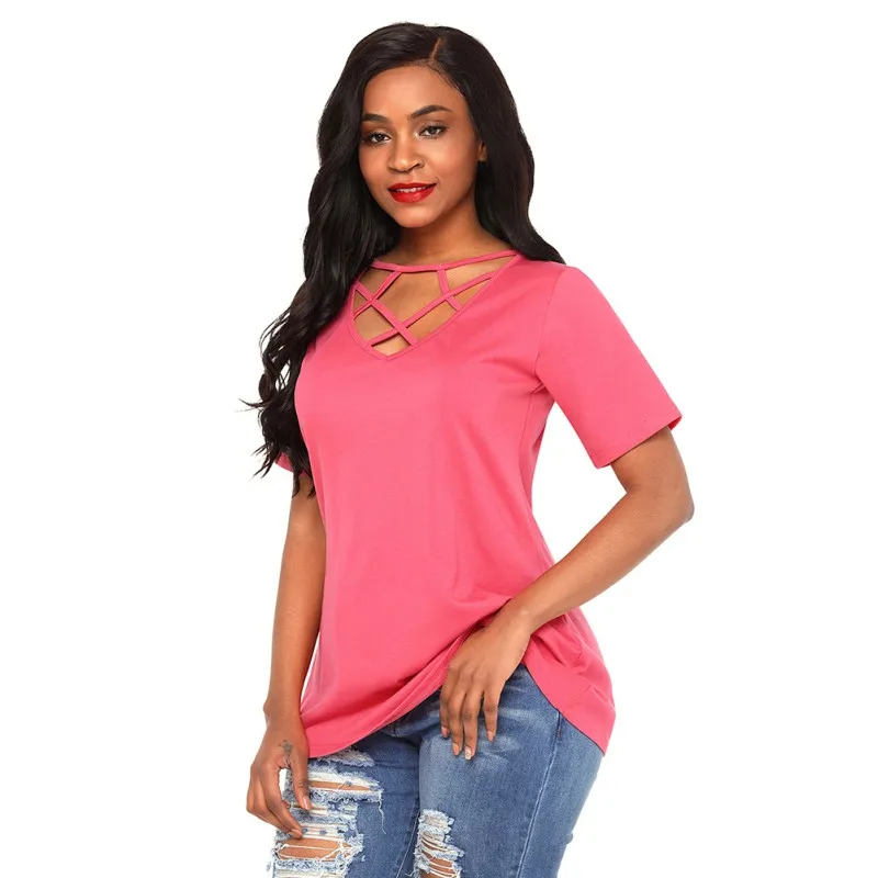 New Summer T Shirt Womens Casual Solid Short Sleeve Hollow Out Criss Cross Front V-Neck Women TShirt Plus Size Top Tee Femme New Summer T Shirt Womens Casual Solid Short Sleeve Hollow Out Criss Cross Front V-Neck Women TShirt Plus Size Top Tee Femme