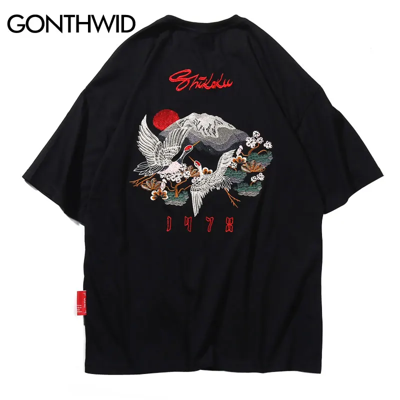

GONTHWID Embroidery Japanese Ukiyo-e Crane Flowers Mount Fuji Tee Shirts Streetwear Harajuku Casual Hip Hop Tshirts Men Top Male