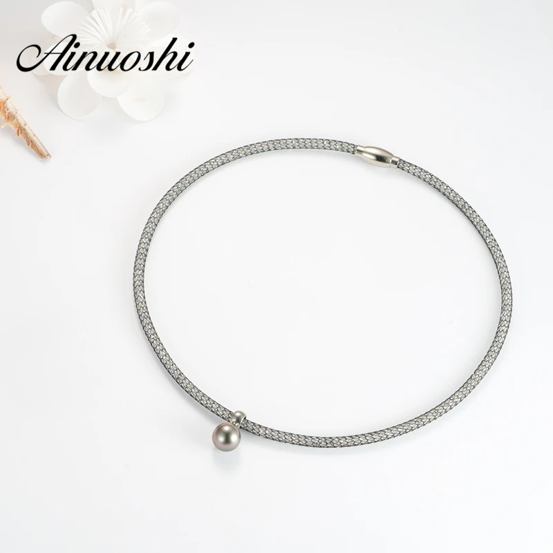 

AINUOSHI Natural Net Crystal Choker Necklaces Natural Black South Sea Tahiti Pearl Pendant Necklace Fine Jewelry Gift for Woman