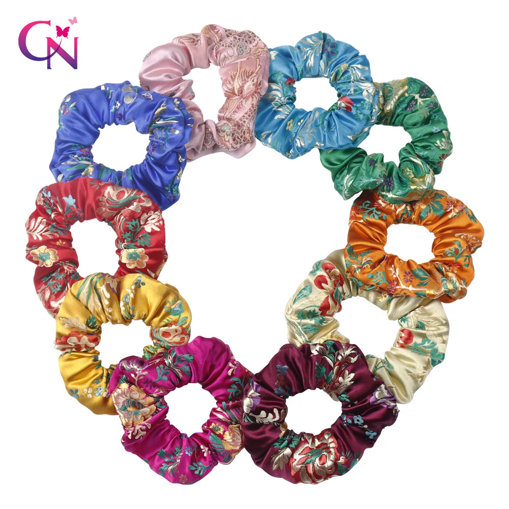 

Women Fashion Chinoiserie Smooth Silk Embroidery Floral Hair Accessories Ties Bands Rope Ring Scrunchie Headbands Gum For Hair