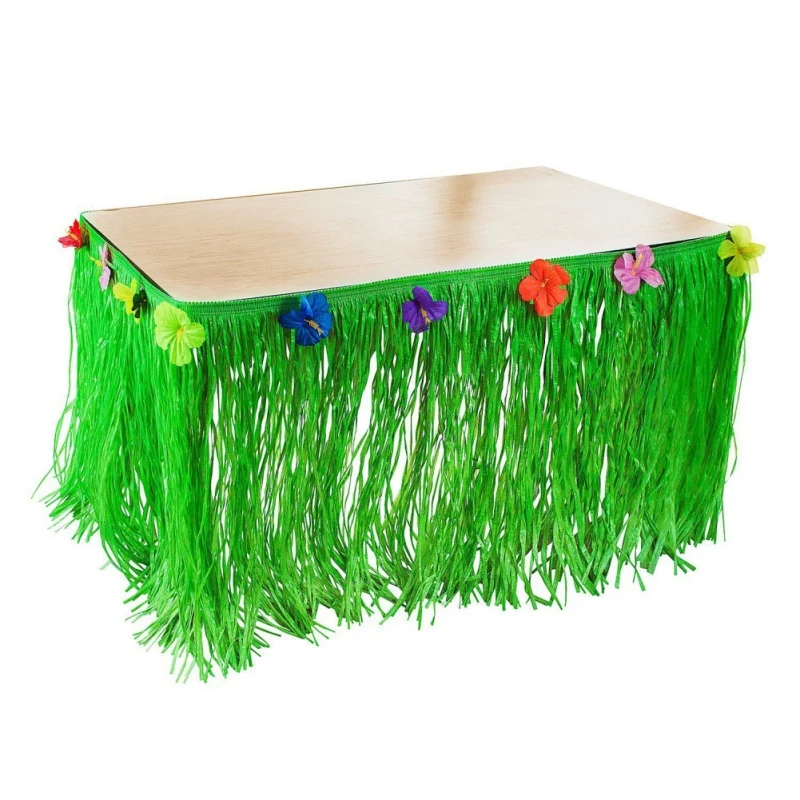 Artificial Grass Table Skirt Hawaiian Tropical Flower Tableware Luau
