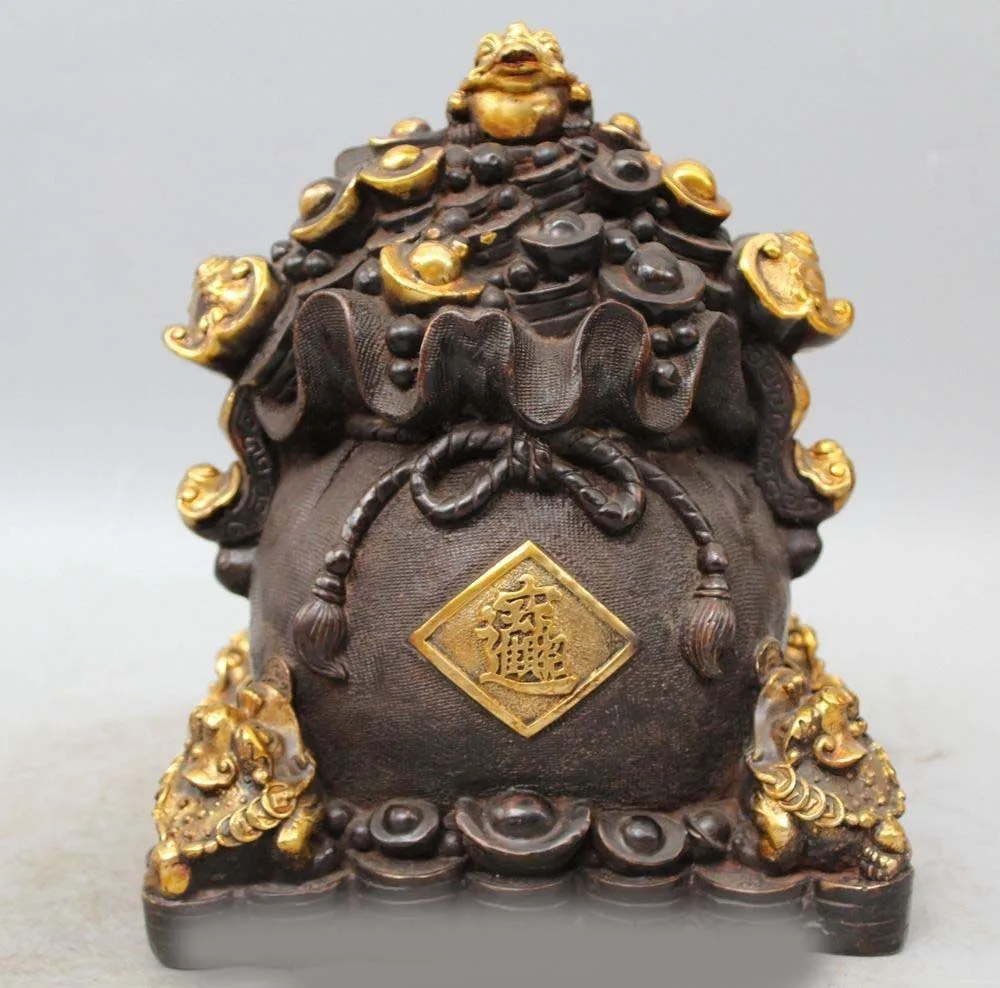 

Old Chinese Fengshui Bronze Gild Wealth Money Bag Yuanbao Golden Toad Spittor St