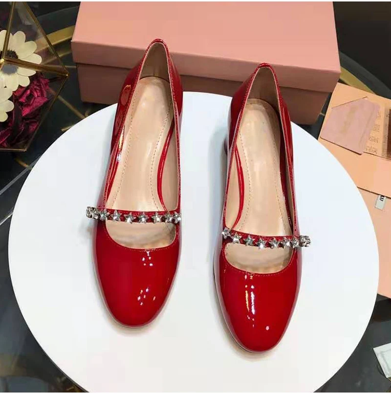 Sapato Feminino Schmale Pumpen Kappe Klassische Schuhe Band Neue Frau Black red Kristall Hoof Abgerundete Ankunft stern Frauen Elegante pink Fünf Decor Heels SqxzF8