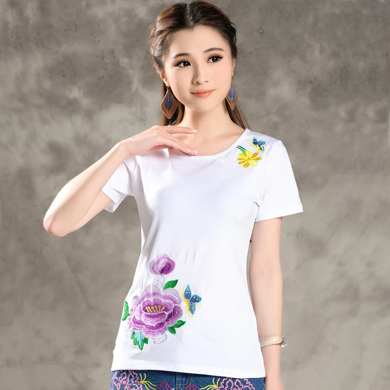 Plus Size Women Clothing Female Summer Ethnic Designer White Black Rose Red Floral Embroidery T