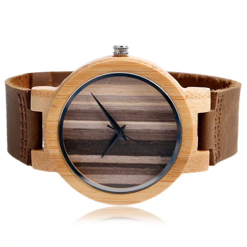 Top Gifts 2017 Natural Wooden Watch Men Women Bamboo Stripe Face Simple Analog Clock Male Genuine Leather Bangle Reloj de madera 2017 (4)
