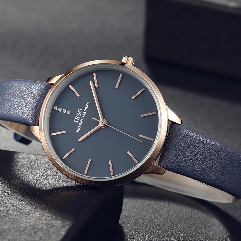 IBSO Новая мода ультра-тонкий для женщин часы 2018 синий кожаный ремешок Кварцевые часы для женщин Роскошные Kadin коль saati Montre Femme