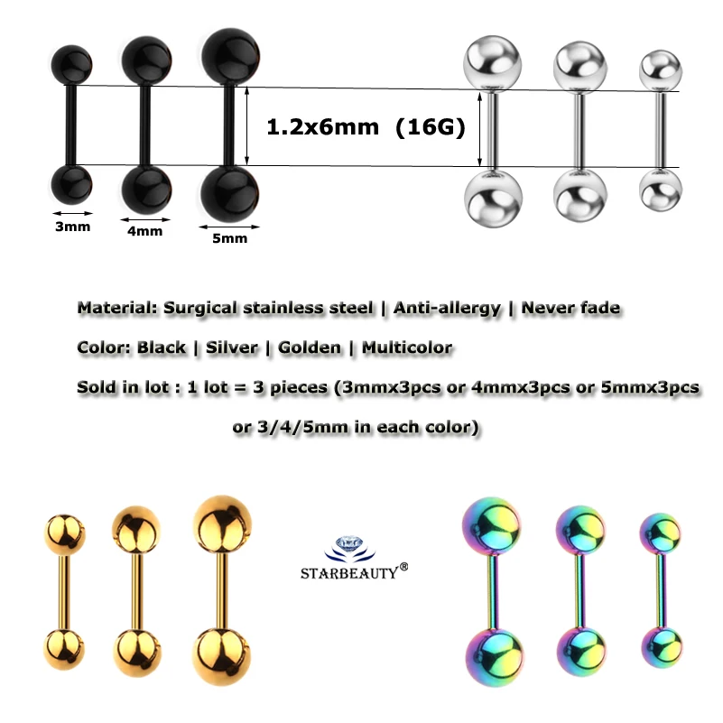 3 pcs/lot 3/4/5mm Black Barbell Earring Ear Nail Bone Piercing Tragus Labret Helix Piercing 16G Body Jewelry Industrial Pircings - Image 3