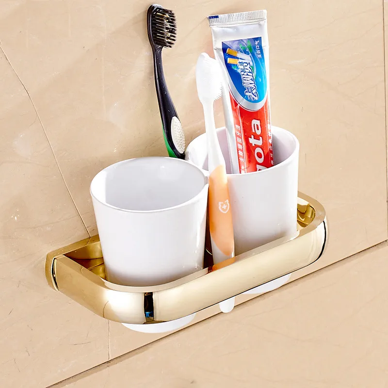 Cup & Tumbler Holders Solid Brass 5 Colors Toothbrush Holder With Double Ceramic Cups Wall-mounted Bathroom Accessories F81368