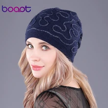 [boapt] подлинный шерсть складки вязание головные уборы для женщин шапочка двухъярусный толстый зима шапка женский пол колпачки тепло головные уборы шляпа для девочек шляпа черепа черепах кепка