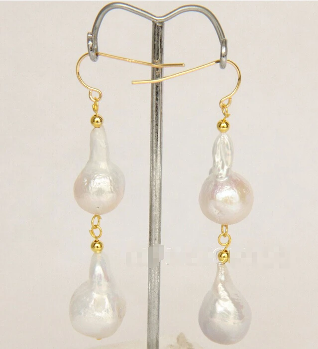 

Dangle Baroque white drip Reborn keshi pearls Earrings 14KGP e2488 *l