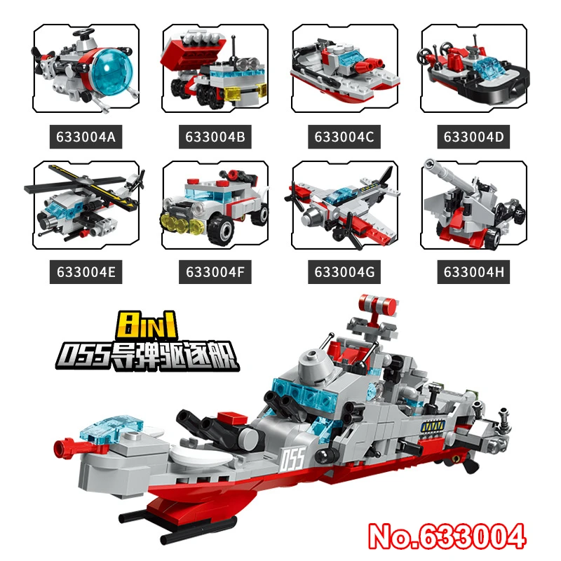 

DIY 8in1 Military 055 Missile Destroyer Model Building Blocks War Helicopter Fighter Warship Submarine Bricks Toy For Kids Gift