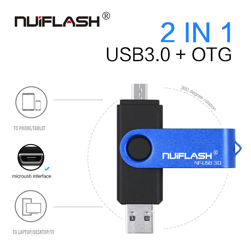 

Nuiflash OTG USB flash drive free rotation 16GB 32GB 64GB 128GB Pendrive DE alta velocidad paquete with keyring for phone and PC