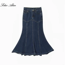 Для женщин сезон: весна–лето Русалка джинсовая юбка впитывает пот и женская, трубообразной формы джинсовая удлиненная юбка плюс Размеры 26-40