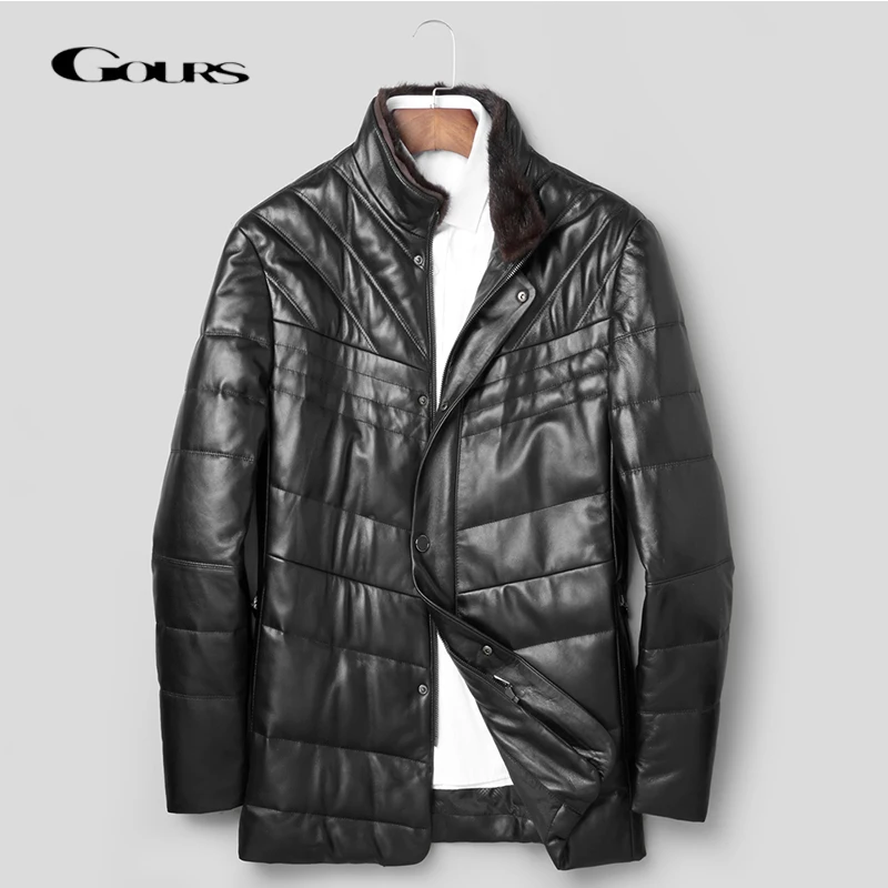 

Gours Genuine Leather Jackets for Men Fashion Black Sheepskin Duck Down Coats with Mink Fur Collar Winter Thick Warm New HSM755