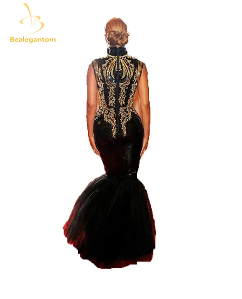 Горячее сексуальное вечернее платье Beyonce Gala Черное и Золотое Расшитое Бисером, с высоким воротником длиной до пола вечернее платье со шлейфом QA114