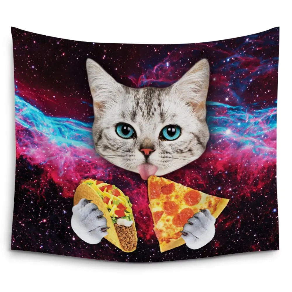 CHARMHOME Space Nebula Universe Cat Eat Pizza Wall Tapestry Hanging Polyester Fabric Wall Art