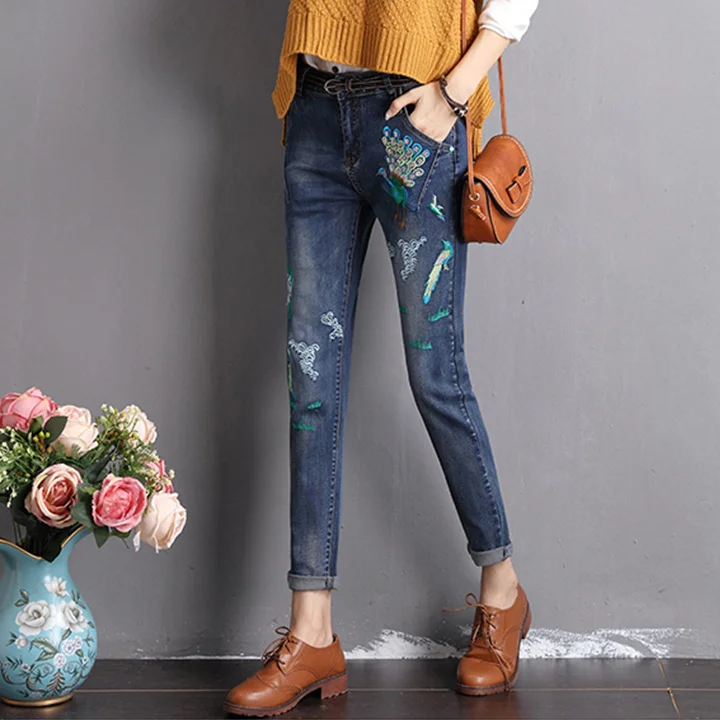 Embroidered Peacock Jeans Female Trousers Retro Family Spring New High ...