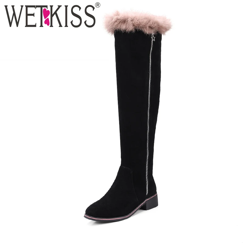 

WETKISS Brand Designer Fur Over The Knee Boots Natural Leather Suede Autumn Boots Side Zipper Women Shoes Square Heel Footwear