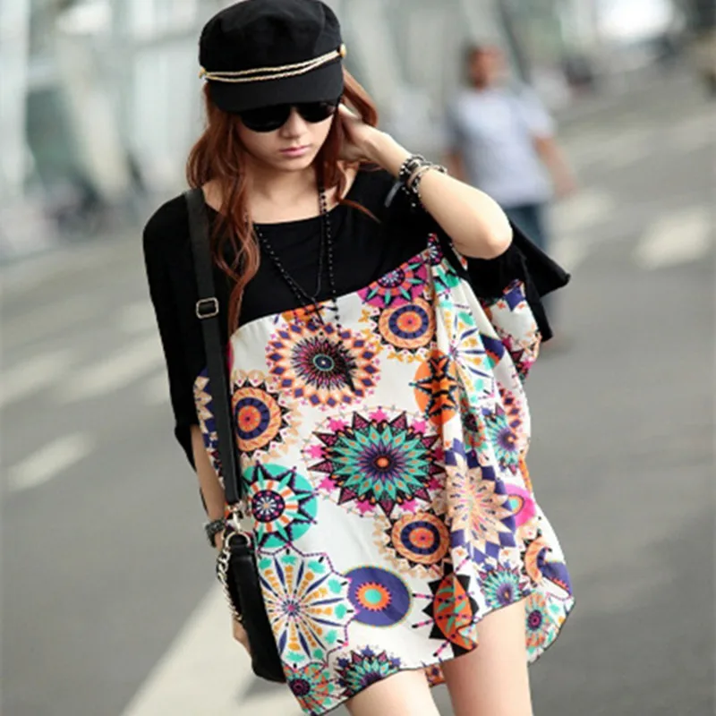 2016 new hot summer style maternity clothes print loose code splicing cotton batwing sleeved blouse maternity