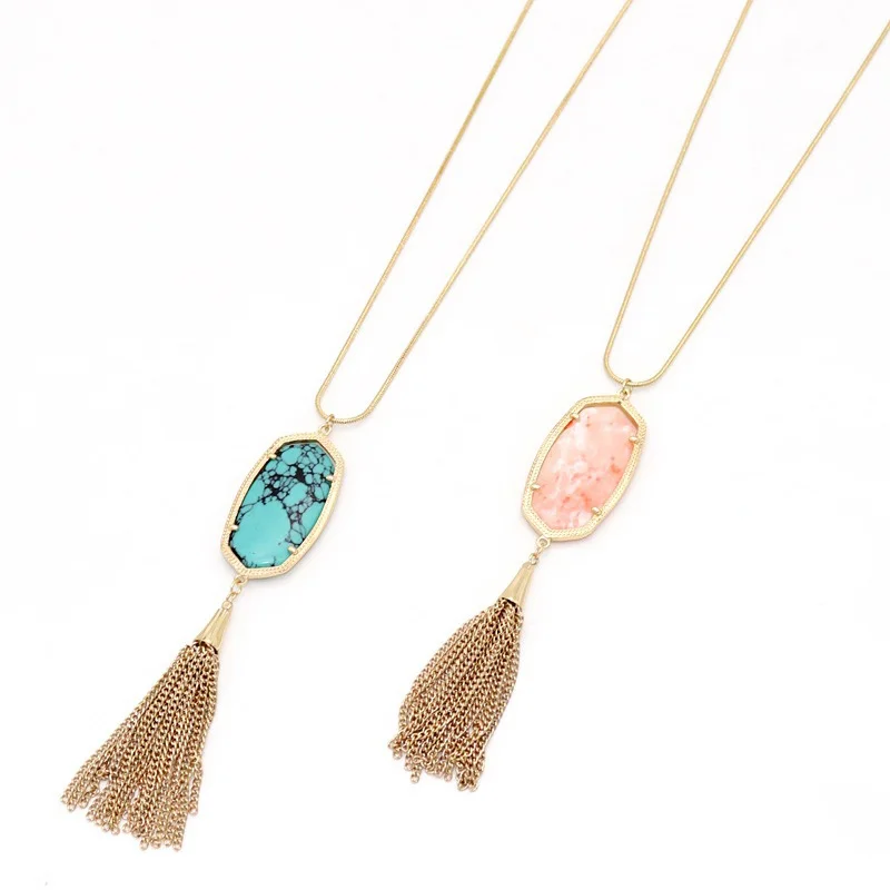

Wholesale Fashion Big Oval Stone Pendant Necklace Long Tassel Metal Chain Statement Necklaces Jewelry for Women