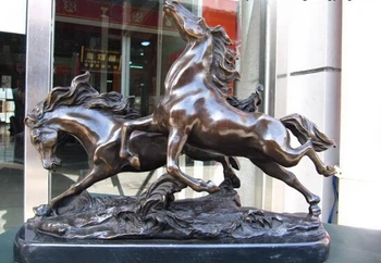 

wholesale factory 13" Chinese Pure Bronze Copper & Marble Lucky Two Horse sculpture Statue