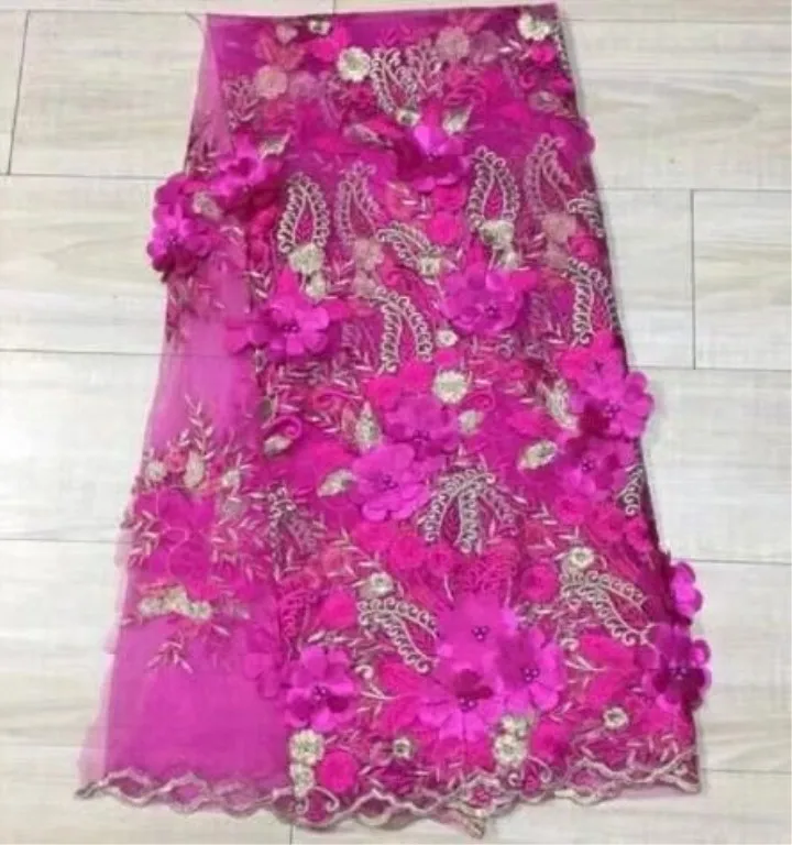 

5 Yards/pc Hot sale fuchsia french net lace fabric with beads and flower decoration african mesh lace for dress QN62-9