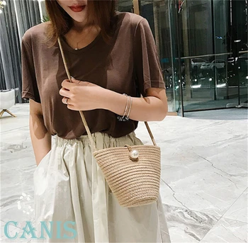 

Women Hand Woven Bag Round Rattan Straw Bohemia Style Beach Circle Beach Bags