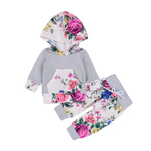 

Autumn Winter Baby Clothing Newborn Toddler Baby Boy Girl Floral Hooded Tops Pants 2Pcs Outfits Set Clothes