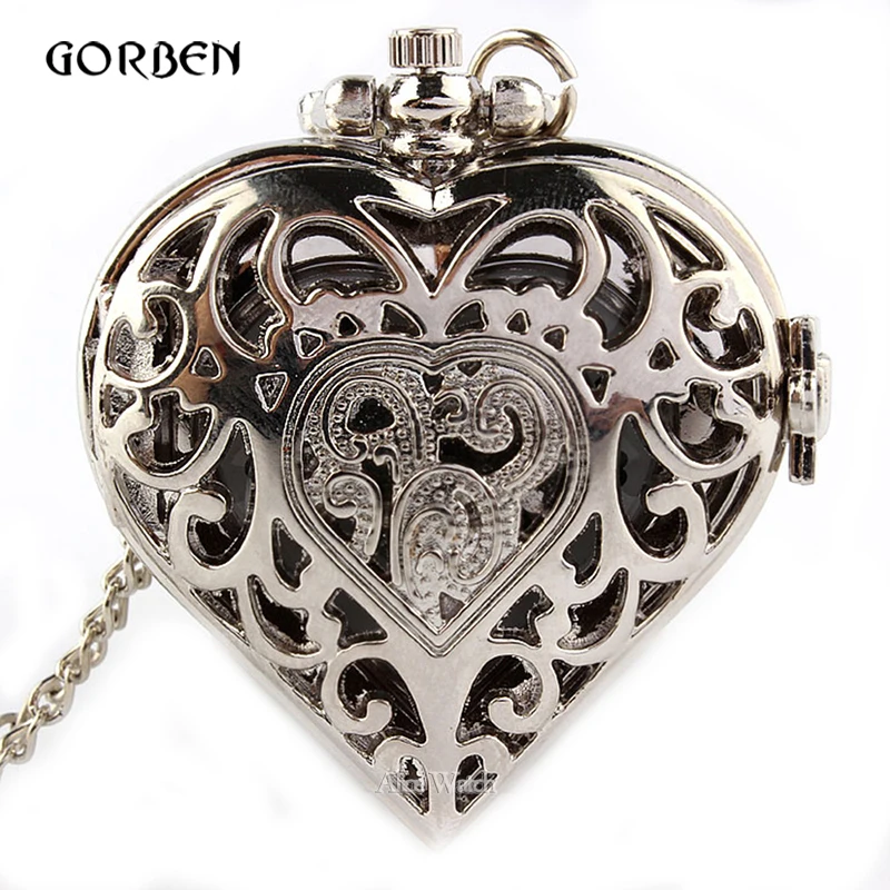

Fashion Hollow Bronze Silver Vintage Pocket Watch Necklace Chain Heart-shaped Quartz Watch for Women Men Valentine's Day Gifts