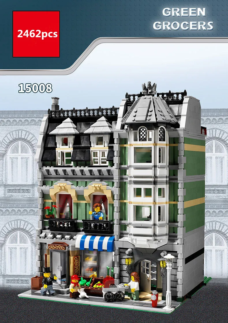

2462Pcs15008 City Street Creator Green Grocer Model Building Kits Minifigureen Blocks Bricks Original Box brinquedos Kids Toys