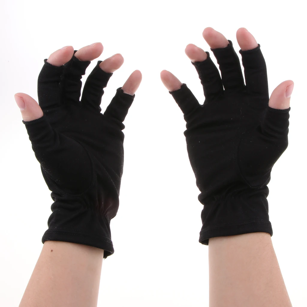 1 Pair Silk Retro Black Beige Womens Stretchy Half Finger Gloves, Soft thin lightweight UV Sun Protect Fingerless Short Gloves