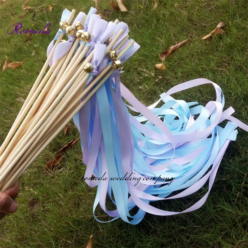 Newest 50pcs/lot light purple and light blue stain ribbon wedding wands stick Streamers With big