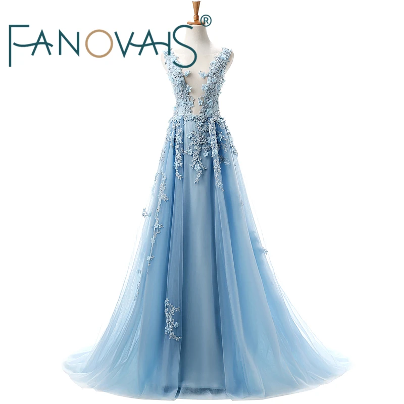 V Neck Sky Blue Tulle Prom Dresses Robe de soiree formal party gowns Flower Accessories Lace Beadings Luxurious Dress | Свадьбы и