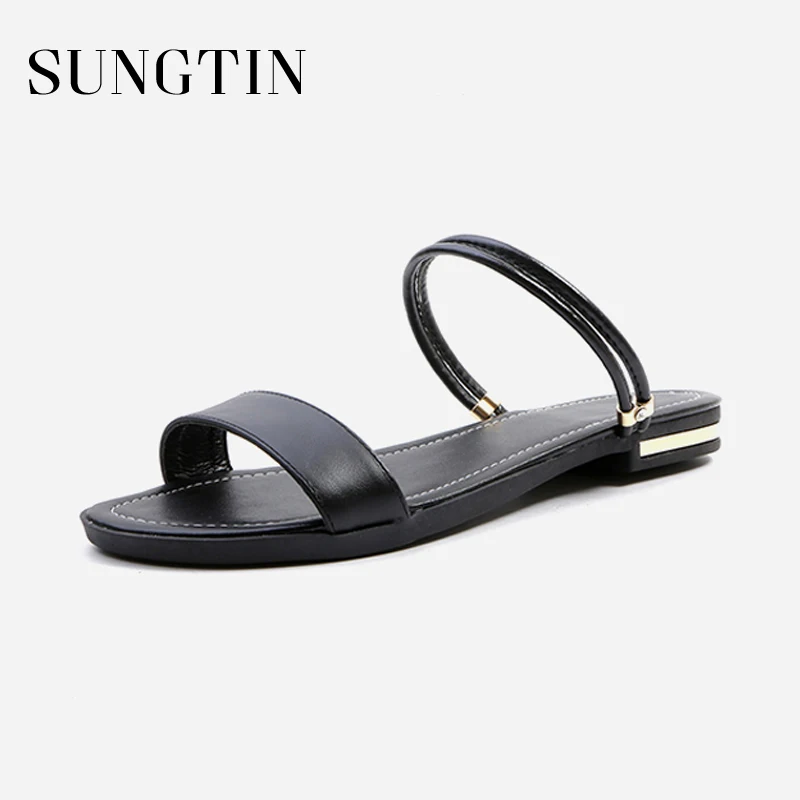 

Sungtin High Quality Genuine Leather Flat Sandals Women Open Toe Slingback Sandals 2018 New Summer Beach Shoes Large Size