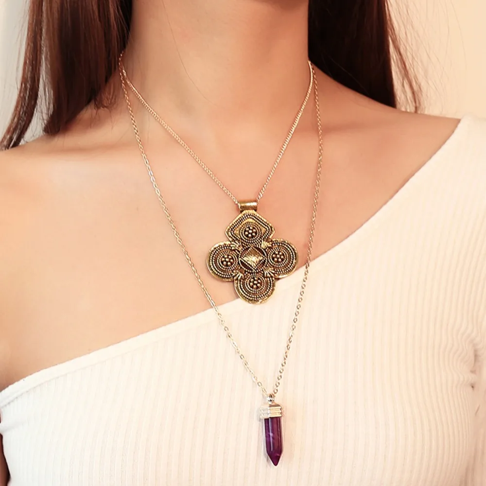 Valentine's Day Present Alloy Big Flower Crystal Pendant Necklace Double Layers Necklace Women 