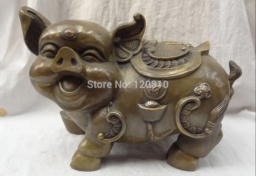 

14" China Zodiac Copper Bronze Wealth Coin YuanBao Cai Fu Happy Pig Statue