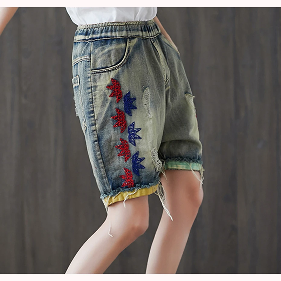 Женские Горячие Джинсы Джинсовые шорты по колено вышивка цветочные свободные милые модные Повседневное американских летом FM917828