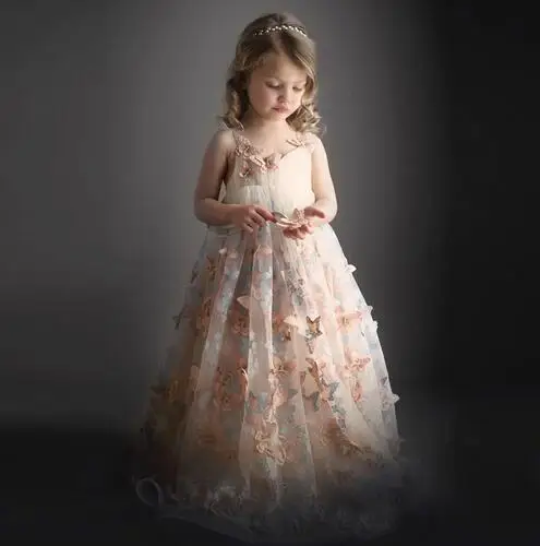 

Girl's Pageant Formal Dress 2017 Flower Girls Princess Dresses Long Gowns Butterfly Kids Party Dress Children Gallus Dress