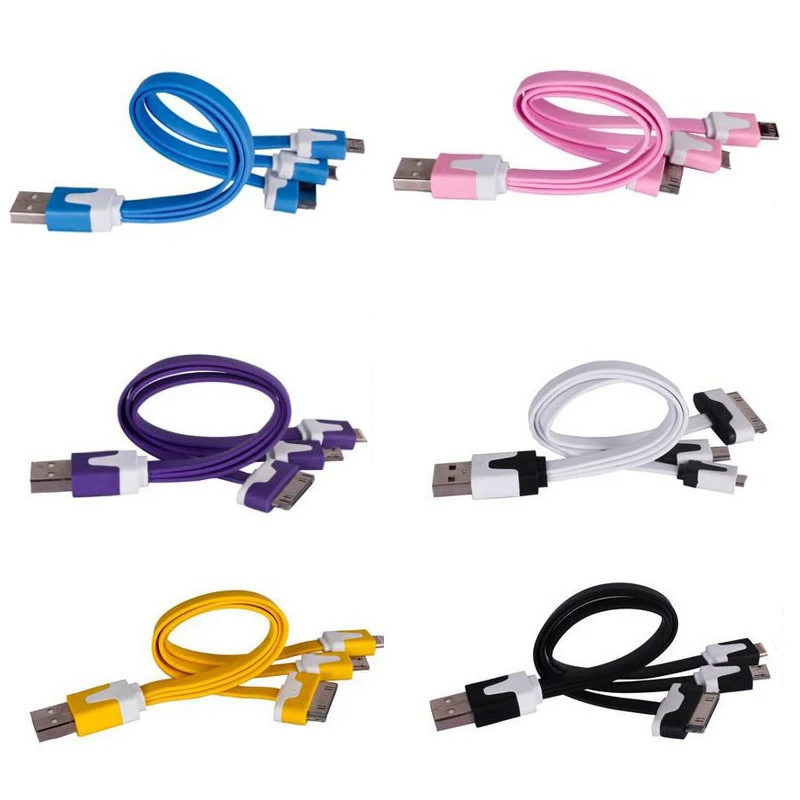 Functional 3 in 1 Flat Mobile Phone Charger Cable Micro USB Cable for