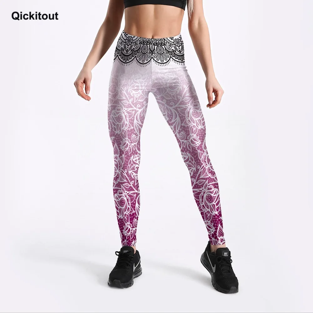 Qickitout, сексуальные тренировочные Леггинсы для женщин, черный цветочный принт, талия, градиентный цвет, леггинсы для фитнеса, тонкие, повседневные, длина по щиколотку, штаны
