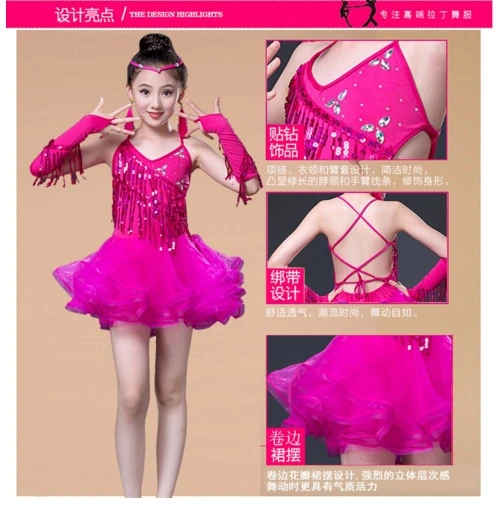 Junior Child Kids Girls Latin Dance Costumes Sequin Fringe Latin Dance Dress Bachata Salsa Dresses dance dress