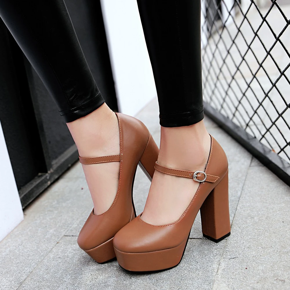 ANNYMOLI Women Shoes High Heels Platform Thick High Heels Mary Janes Shoes Buckle Square Toe Pumps Ladies Beige Brown Size 34-39 ANNYMOLI Women Shoes High Heels Platform Thick High Heels Mary Janes Shoes Buckle Square Toe Pumps Ladies Beige Brown Size 34-39