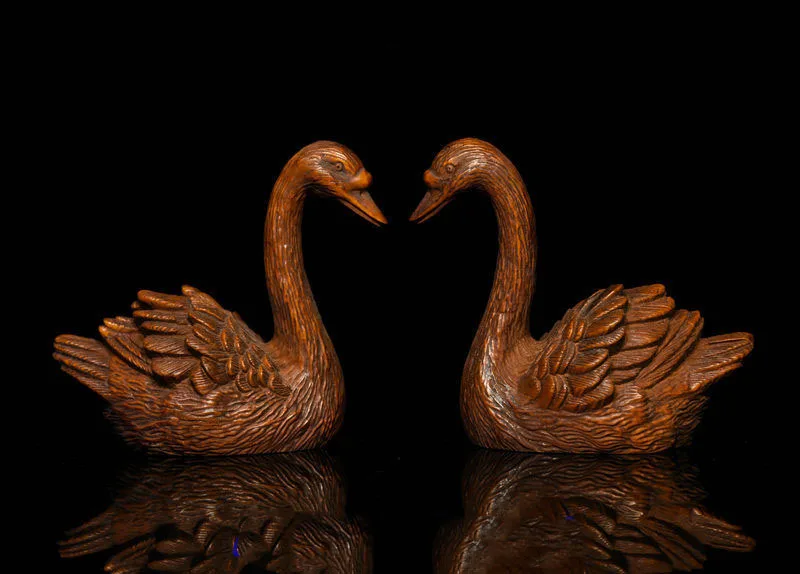 

Christmas Collect Chinese Folk FengShui Boxwood Wood Carving goose swan cygnus Statue Pair New Year