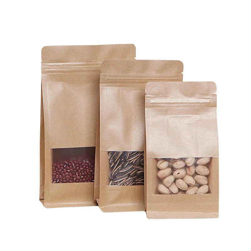 50pcs/lot 6sizes Kraft Paper Packaging bag Frosted window stand up side