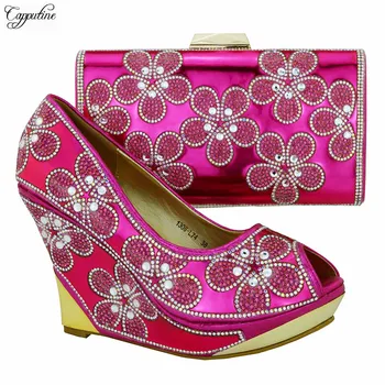 

Excellent fuchsia wedges heel shoes and handbags set with rhinestones African sexy sandals with bag for party 1308-L74